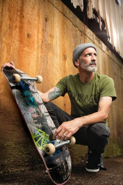 Branded image of a man with a skateboard 